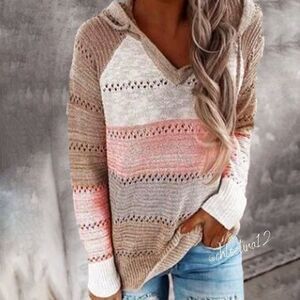 Color Block Knit Pullover Hoodie - blush mix